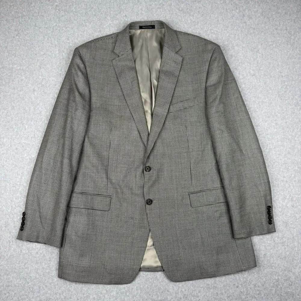 Ralph Lauren Blazer Mens 46L Gray Houndstooth Silk Wool Blend Sports Coat Jacket